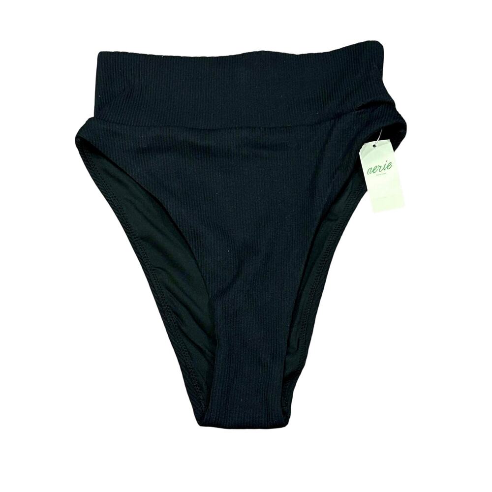 NWT Aerie Ribbed High Cut Cheeky Bikini Bottom Black Size XXS